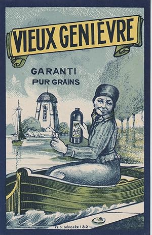 "VIEUX GENIÈVRE GARANTI PUR GRAINS" Etiquette-chromo originale (début 1900)