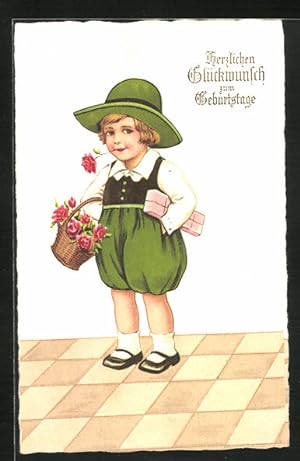 Bild des Verkufers fr Ansichtskarte Mdchen bringt Blumen und ein Geschenk zum Geburtstag, Herzlichen Glckwunsch! zum Verkauf von Bartko-Reher
