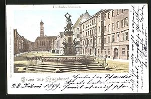 Goldfenster-Ansichtskarte Augsburg, Herkulesbrunnen, Häuserzeile mit leuchtenden Fenstern