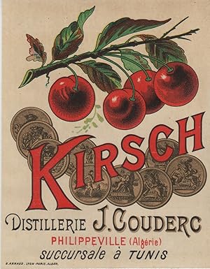 "KIRSCH J. COUDERC Philippeville (Algérie) et Tunis" Etiquette-chromo originale (entre 1890 et 1900)