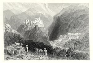 CASTLE IN MOUNT AMANA NEAR THE KHAN KARAMOUNT 1842 ENGRAVING LANDSCAPE PRINT