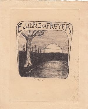 Immagine del venditore per Ex Libris W. Freyer. Sonne an Horizont hinter Bach und Baum. venduto da Antiquariat  Braun