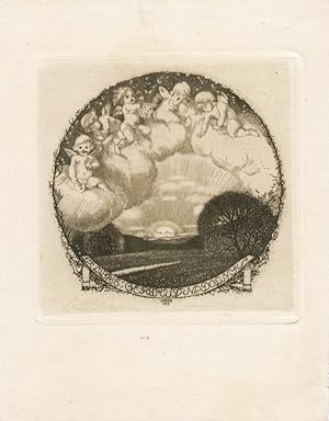 Imagen del vendedor de Ex Libris Gertrud Nadolny. Landschaft mit Sonne am Horizont, darber Wolken mit fnf Putti, dahinter Berglandschaft und Sonne am Horizont. a la venta por Antiquariat  Braun