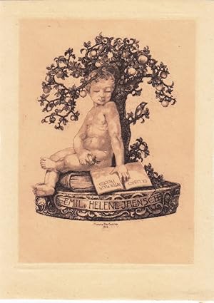 Seller image for Ex Libris Emil u. Helene Jaensch. Auf Buch sitzender Knabenakt unter Apfelbaum. "Inter folia fructus". for sale by Antiquariat  Braun