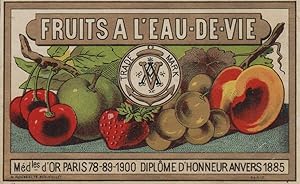 "FRUITS A L'EAU-DE-VIE (TRADE MARK)" Etiquette-chromo originale (1900)