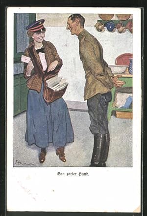 Bild des Verkufers fr Knstler-Ansichtskarte Ernst Heilemann: Von zarter Hand, Brieftrgerin und Soldat zum Verkauf von Bartko-Reher