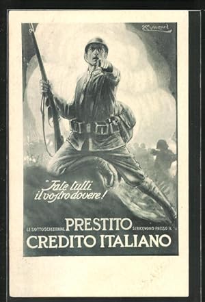 Künstler-Ansichtskarte Mauzan: Prestito Credito italiano, Soldat auf Schlachtfeld, Kriegsanleihe