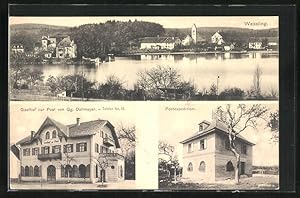 Ansichtskarte Wessling, Gasthof zur Post, Teilansicht mit See, Postexpedition