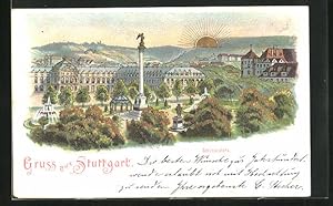 Sonnenschein-Ansichtskarte Stuttgart, Schlossplatz am Morgen