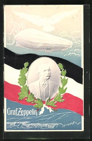 Präge-Airbrush-Ansichtskarte Konterfei von Graf Zeppelin mit Luftzschiff und Taube