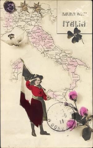 Landkarten Ansichtskarte / Postkarte Italien, Kind in Uniform mit Fahne, Glücksklee