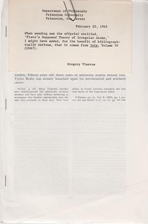 Bild des Verkufers fr Plato's Supposed Theory of Irregular Atoms. [From: ISIS, Vol. 58, 1967]. zum Verkauf von Fundus-Online GbR Borkert Schwarz Zerfa