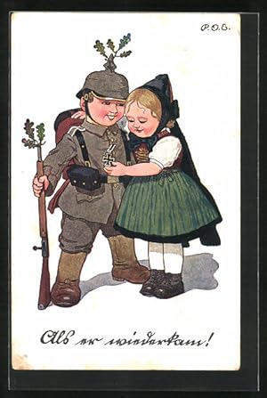Bild des Verkufers fr Knstler-Ansichtskarte P. O. Engelhard (P.O.E.): als er wiederkam, Soldat in Uniform mit Eisernem Kreuz begrsst seine Frau zum Verkauf von Bartko-Reher