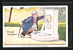 Bild des Verkufers fr Knstler-Ansichtskarte John Wills: betrunkener Mann steht am Brunnen, Armer Teufel, ist Dir auch so schlecht? zum Verkauf von Bartko-Reher