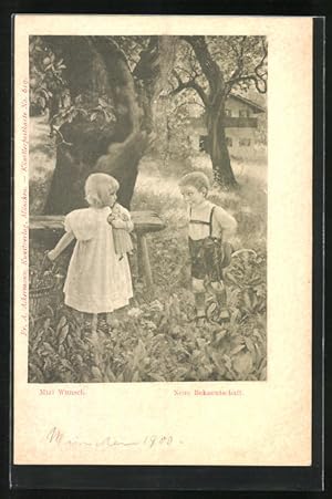 Bild des Verkufers fr Knstler-Ansichtskarte Mizi Wunsch: Junge und Mdchen begegnen sich zum ersten Mal im Garten zum Verkauf von Bartko-Reher