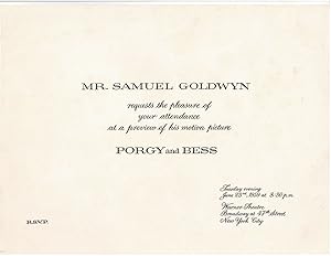 ORIGINAL INVITATION to the PREVIEW SHOWING of OTTO PREMINGER'S feature film "PORGY AND BESS": "MR...