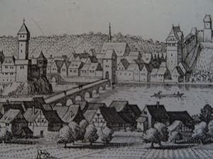 Lauffen. Kupferstich von M. Merian aus 'Topographia Sueviae'. Frankfurt, um 1650. 10,5 x 18 cm.