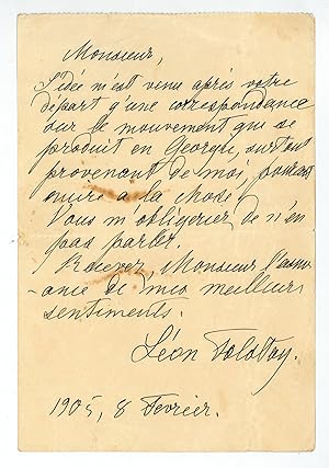 Bild des Verkufers fr Eigenh. Brief mit U. ("Lon Tolstoy"). zum Verkauf von Antiquariat INLIBRIS Gilhofer Nfg. GmbH