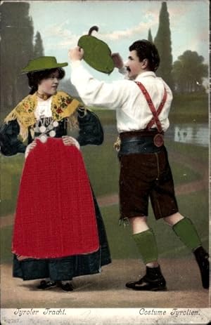 Präge Stoff Ansichtskarte / Postkarte Zwei Bayern in Trachten, Dirndl, Lederhosen