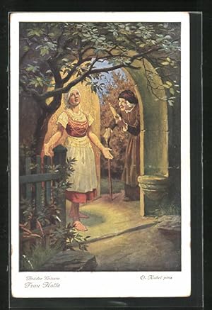 Bild des Verkufers fr Knstler-Ansichtskarte Otto Kubel: Frau Holle, Brder Grimm, die Alte mit der Spindel an der Haustr zum Verkauf von Bartko-Reher