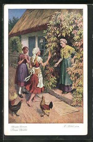 Bild des Verkufers fr Knstler-Ansichtskarte Otto Kubel: Frau Holle, Brder Grimm, Verkauf einer Spindel an der Haustr zum Verkauf von Bartko-Reher