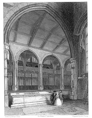 MANCHESTER CATHEDRAL VIEW ACROSS THE CHOIR AND BAPTISTRY, FROM ELY CHAPEL 1851 STEEL ENGRAVING AR...
