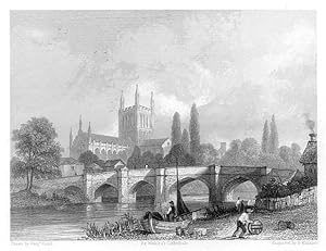 HEREFORD CATHEDRAL VIEW FROM THE RIVER - COMES WITH DESCRIPTION 1851 STEEL ENGRAVING ARCHITECTURE...