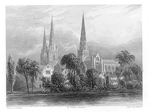 LICHFIELD CATHEDRAL SOUTHWEST VIEW 1851 STEEL ENGRAVING ARCHITECTURE RARE ANTIQUE PRINT