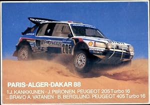 Ansichtskarte / Postkarte Paris-Alger-Dakar 1988, 1. J. Kankkunen, J. Piironen, Peugeot 205 Turbo...