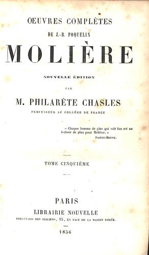 Bild des Verkufers fr Oeuvres Completes De J. i B Poquelin Moliere Nouvelle Edition zum Verkauf von WeBuyBooks