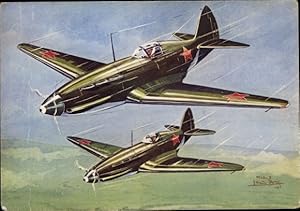 Künstler Ansichtskarte / Postkarte Russische Militärflugzeuge, MIG 3, Jagdflugzeuge, Sowjetunion,...