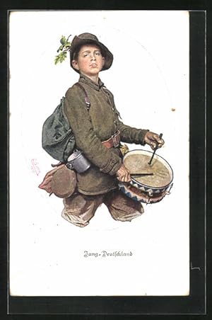 Seller image for Knstler-Ansichtskarte Junge in grner Uniform beim Trommel spielen for sale by Bartko-Reher