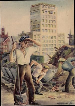Künstler Ansichtskarte / Postkarte Erste Leipziger Friedensmesse, Bauarbeiter beim Wiederaufbau