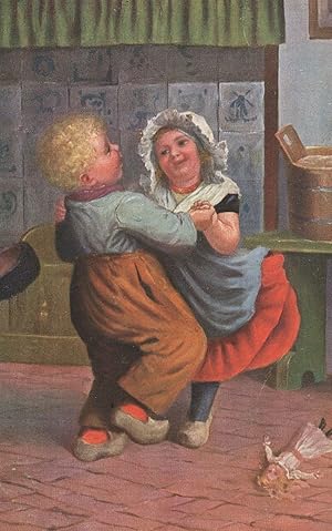 German Farm Children Dancing By Broken Doll Old Postcard