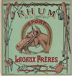 "RHUM DE LA JAMAÏQUE (SPORT) / LACAUX Frères" Etiquette-chromo originale (vers 1900)