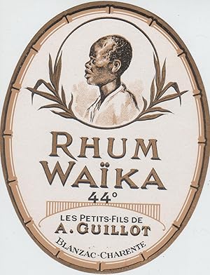 "RHUM WAÏKA / LES PETITS-FILS DE A. GUILLOT Blanzac" Etiquette litho originale (années 30)