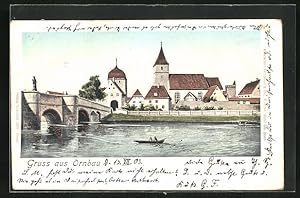 Goldfenster-Ansichtskarte Ornbau, Partie an der Brücke über die Altmühl mit Blick zur Kirche