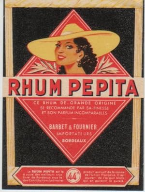 "RHUM PEPITA / BARBET & FOURNIER Bordeaux" Etiquette litho originale (années 80)