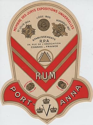 "RUM PORT-ANNA / Ets R.P.A Cognac" Etiquette-chromo originale (vers 1910)