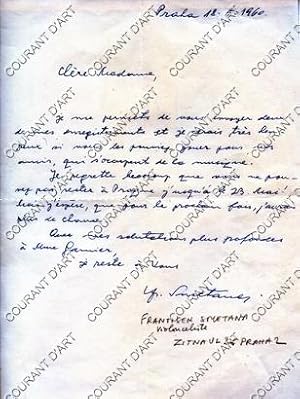 LETTRE AUTOGRAPHE SIGNEE DE FRANTISEK SMETANA, VIOLONCELLISTE, DU 18 MAI 1960. AVEC SA CARTE DE V...