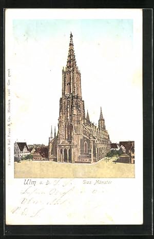 Goldfenster-Ansichtskarte Ulm a. D., Das Münster mit leuchtenden Fenstern