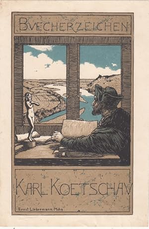 Bild des Verkufers fr Buecherzeichen Karl Koetschau. Gelehrter am Fenster nach links, Statuette betrachend, dahinter Flulandschaft. zum Verkauf von Antiquariat  Braun