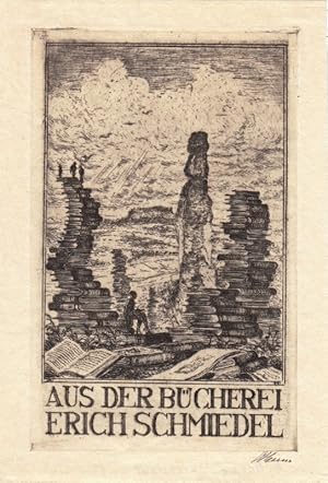 Bild des Verkufers fr Aus der Bcherei Erich Schmiedel. Lesender zwischen Bchertrmen. zum Verkauf von Antiquariat  Braun
