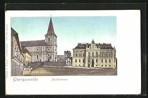 Goldfenster-Ansichtskarte Georgswalde, Hauptplatz mit Kirche und Rathaus