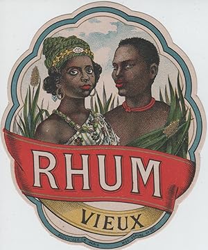 "RHUM VIEUX / PLOUVIEZ & Cie Paris" Etiquette-chromo originale (vers 1900)