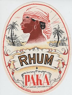 "RHUM PAKA / DISTILLERIE MOINIL Courcelles" Etiquette offset originale (années 60)