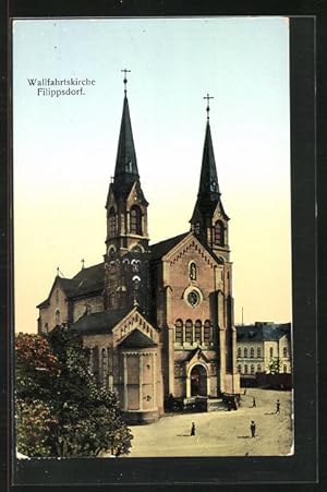 Goldfenster-Ansichtskarte Filippsdorf, Wallfahrtskirche mit leuchtenden Fenstern