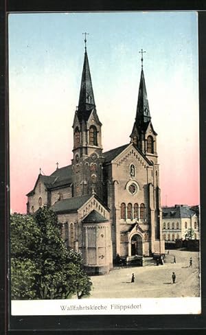 Goldfenster-Ansichtskarte Filippsdorf, Wallfahrtskirche mit leuchtenden Fenstern