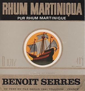 "RHUM MARTINIQUA / Benoit SERRES Toulouse" Etiquette offset originale (années 60)