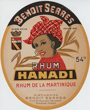 "RHUM HANADI / RHUM DE LA MARTINIQUE Benoit SERRES Toulouse" Etiquette-chromo originale (vers 1900)